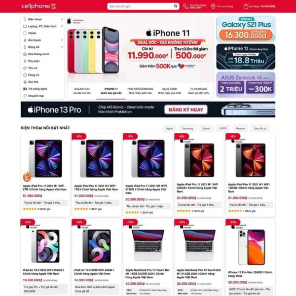 Website bán điện thoại, laptop, phụ kiện giống CellphoneS