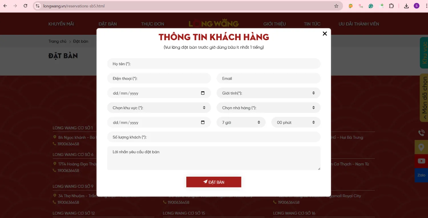 tính năng đặt bàn trong thiết kế website nhà hàng