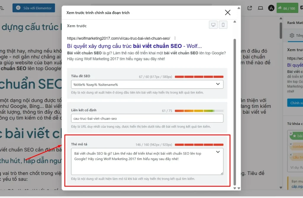 thêm meta description bằng rank math